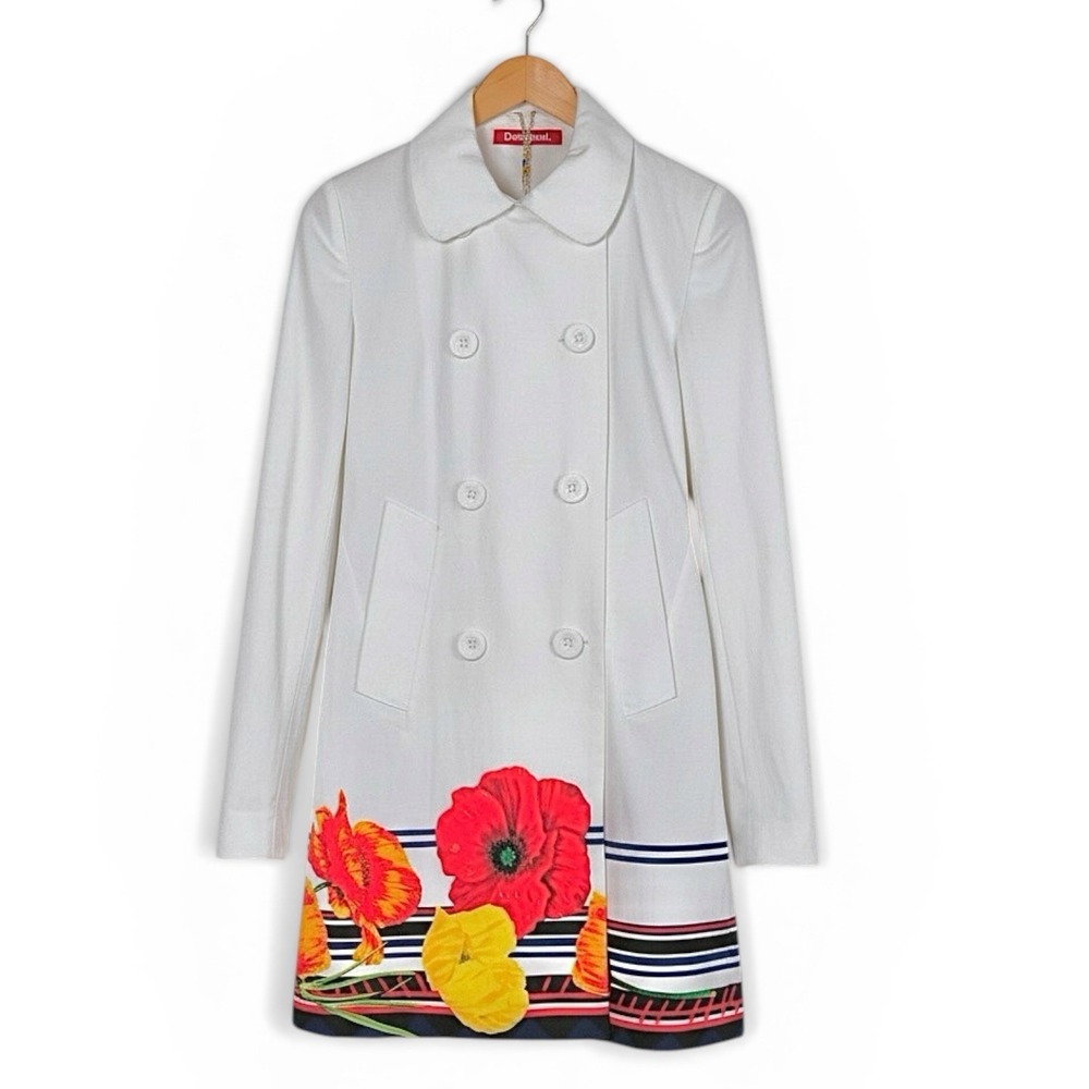 Desigual Women's Draco White Poppy Jacket Double Breasted Lightweight Size 42